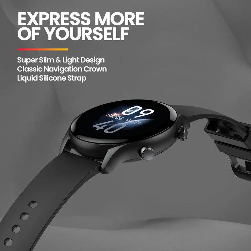 Black smart watch with round face, silicone strap, and digital time display on grey background