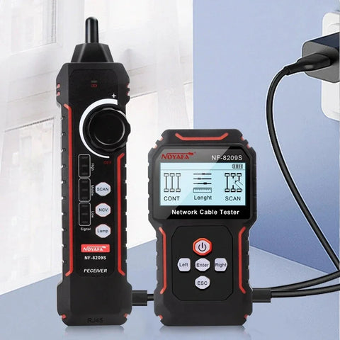Noyafa NF-8209S network cable tester and receiver set on a table by a wall outlet