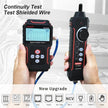 Network cable tester NF-8209S held in hands, displaying continuity test, with icons for features.