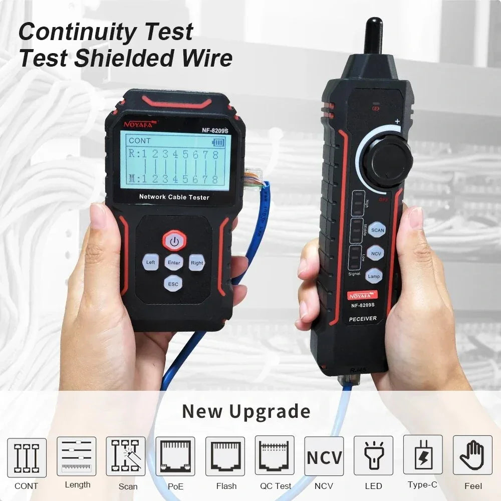 Network cable tester NF-8209S held in hands, displaying continuity test, with icons for features.