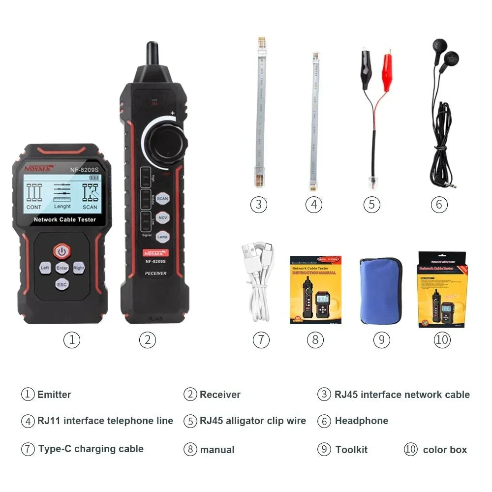 Network cable tester kit with emitter, receiver, cables, manual, toolkit, and accessories