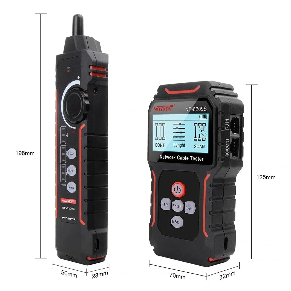 Noyafa NF-8209S network cable tester and receiver with dimensions in millimeters