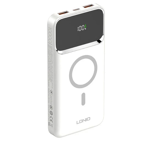 White LDNIO power bank 10000mAh with LED display and dual USB ports