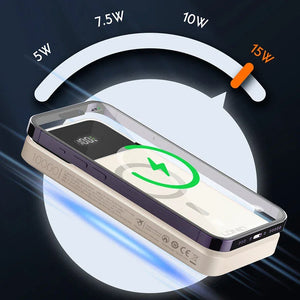Smartphone wirelessly charging on a 10000mAh power bank at 15W fast charge speed