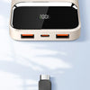 Modern power bank with digital display, dual USB ports, USB-C cable on light surface