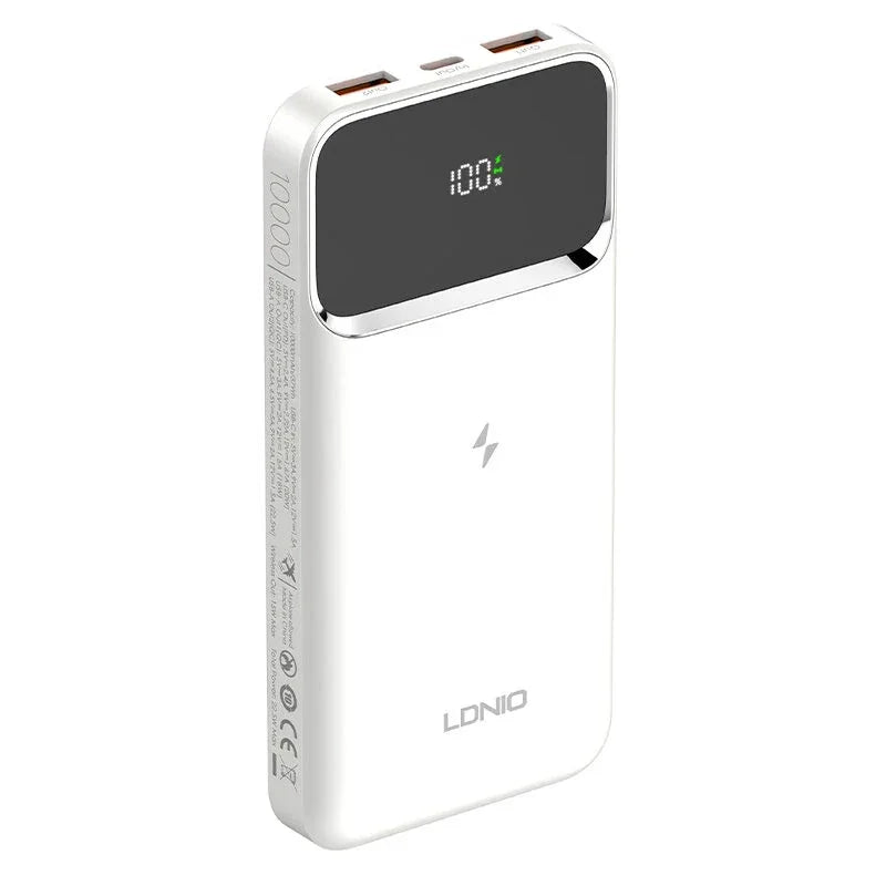 White LDNIO 10000mAh power bank with dual USB ports and digital display