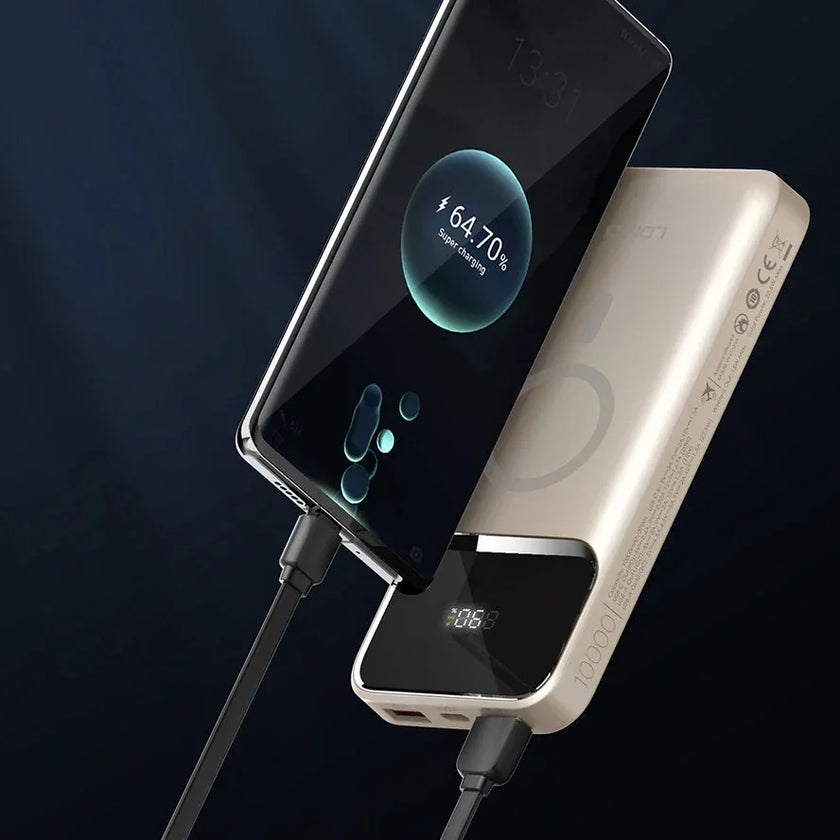 Smartphone fast charging via gold 10000mAh power bank with digital display