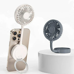 Portable mini phone fan with stand in white and gray, attached to smartphone and displayed on platform