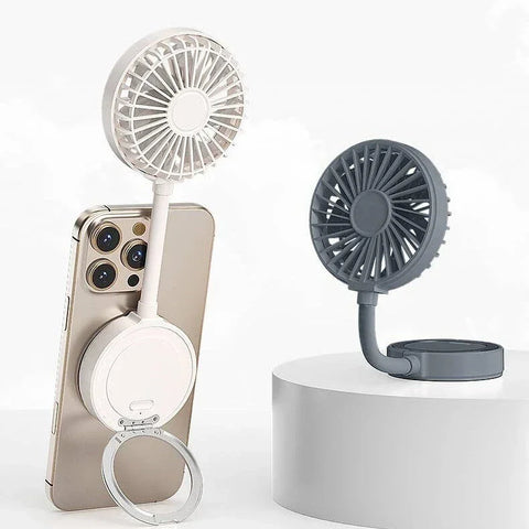Portable mini phone fan with stand in white and gray, attached to smartphone and displayed on platform