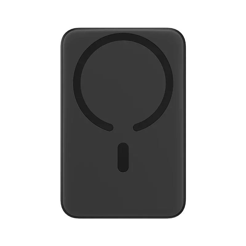 Black MagSafe wireless power bank for iPhone with rounded corners and minimalist design