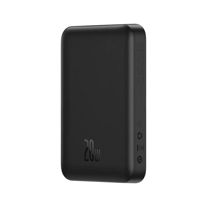 Black 20W power bank with rounded edges and minimalistic design on white background