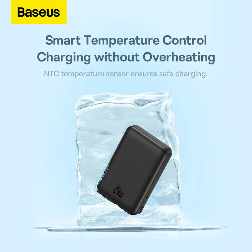 Baseus 20W black power bank on ice block, smart temperature control charging