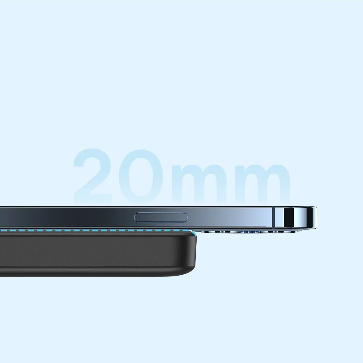 Side view of a smartphone and slim wireless charger with 20mm thickness measurement