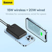 Baseus 15W wireless and 20W wired charging power bank with iPhone, blue background.