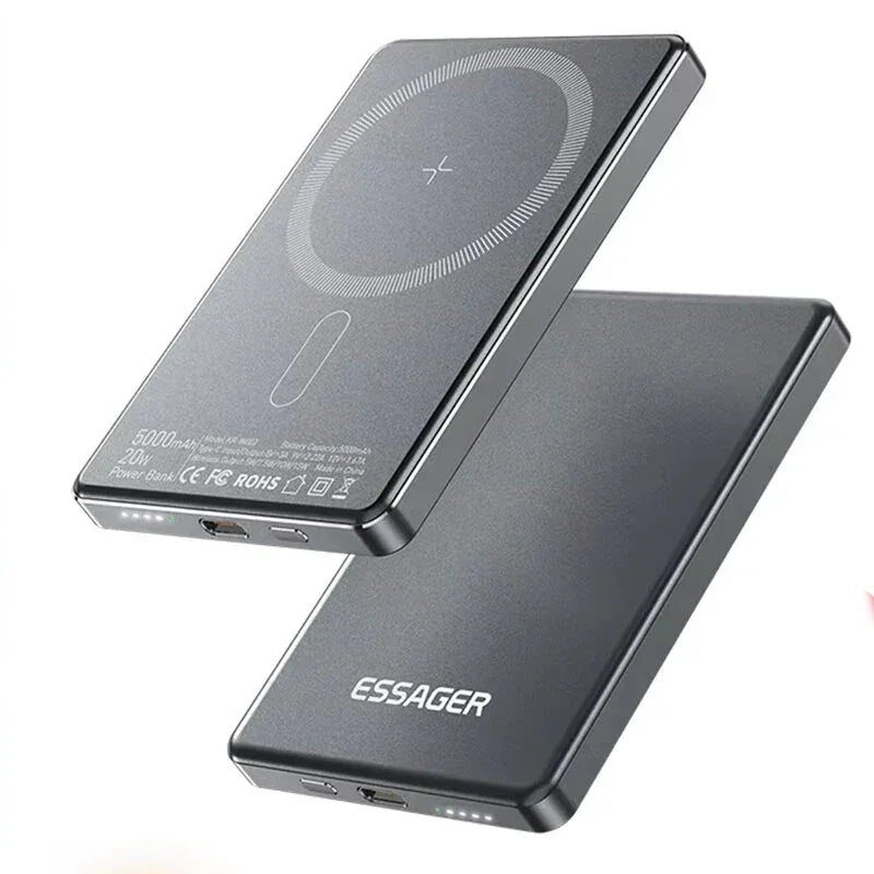 ESSAGER slim wireless power bank 5000mAh with USB-C ports and LED indicators