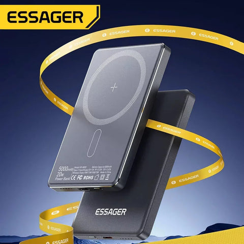 ESSAGER 5000mAh portable power bank with wireless charging on blue background