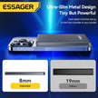 ESSAGER ultra-slim metal power bank on smartphone, 8mm thickness, blue tech background