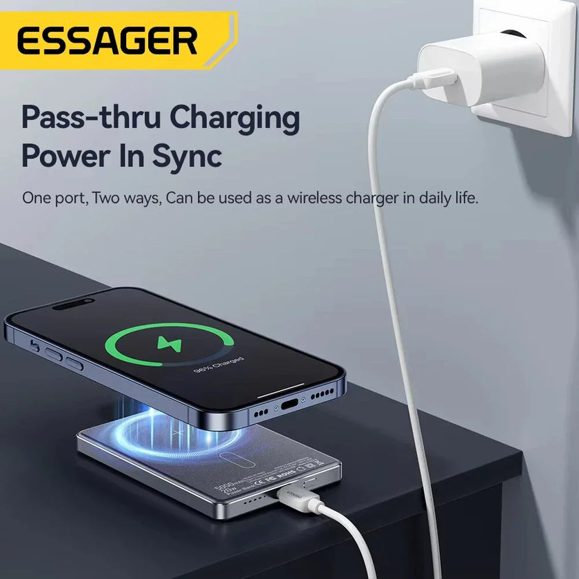 ESSAGER wireless power bank charging phone with pass-thru charging feature on desk