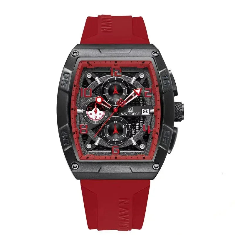 Naviforce men's sports watch with red silicone strap, black case, chronograph dial