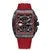 Luxury skeleton watch with red strap and black rectangular case on white background