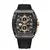 Black and gold skeleton dial watch with black band, luxury men's wristwatch