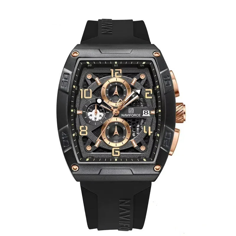 Naviforce black and gold men's chronograph watch with rubber strap and date display