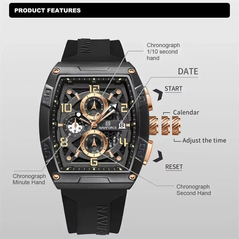 NAVIFORCE black and gold men's chronograph watch with labeled features and black strap