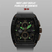 Naviforce black square watch with glowing green night light display and gold details