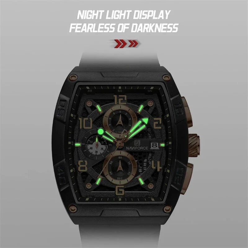 Naviforce black square watch with glowing green night light display and gold details