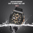 NAVIFORCE men's black waterproof watch with gold accents splashing in water, 3ATM rating
