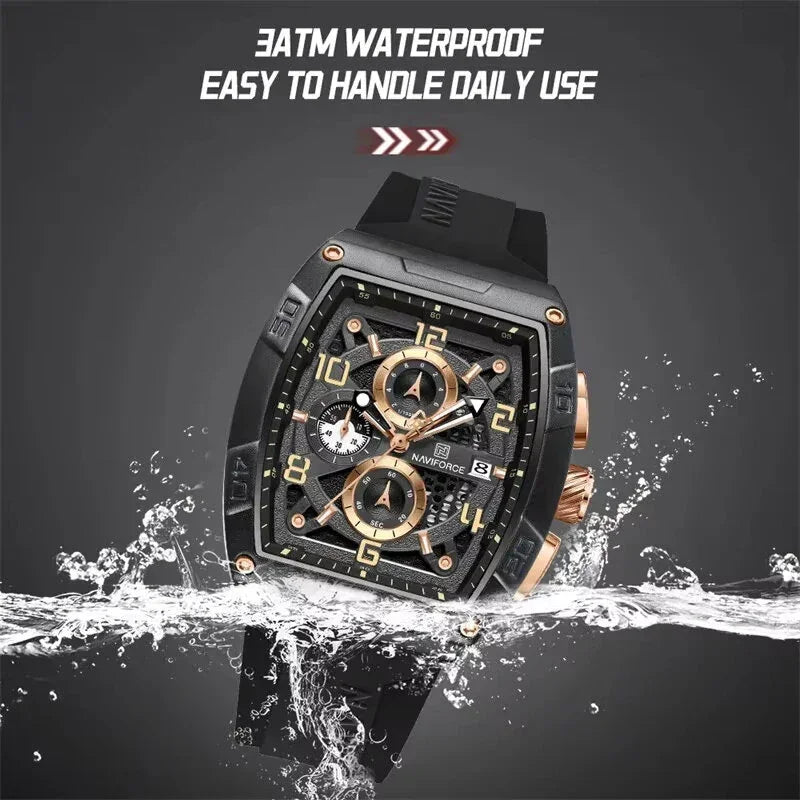 NAVIFORCE men's black waterproof watch with gold accents splashing in water, 3ATM rating