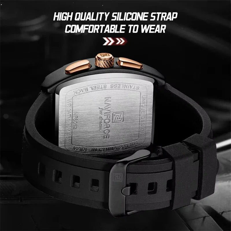 Naviforce stainless steel back watch with black silicone strap and gold accents