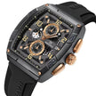 NAVIFORCE black sports watch with gold accents, chronograph dials, and date display