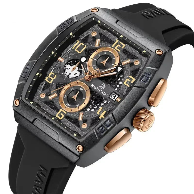 NAVIFORCE black sports watch with gold accents, chronograph dials, and date display