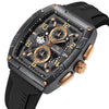 NAVIFORCE black sports watch with gold accents, chronograph dials, and date display