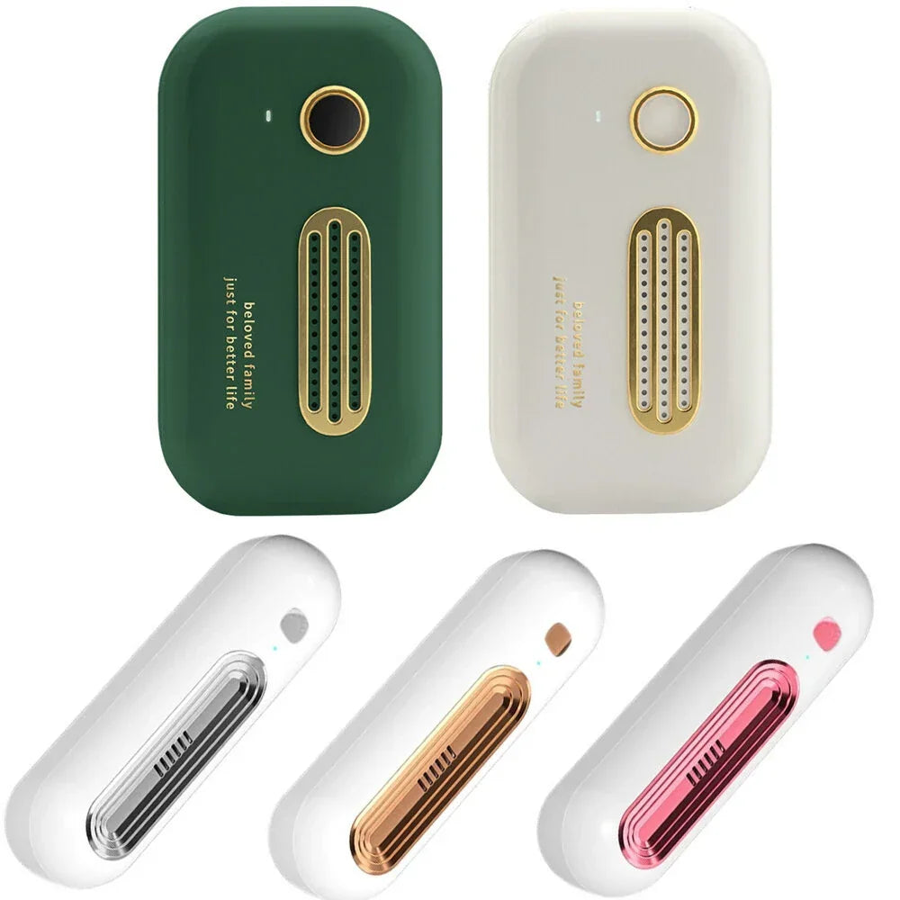 Compact portable air purifiers in green, white, and metallic colors, modern design.