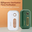 Two portable refrigerator sterilizers for odor removal, in white and green, on a modern backdrop.