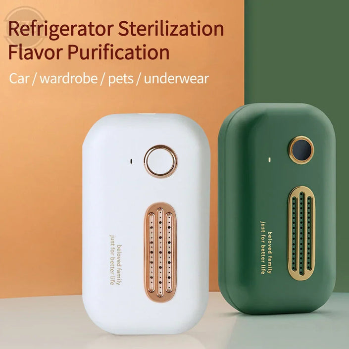 Two portable refrigerator sterilizers for odor removal, in white and green, on a modern backdrop.