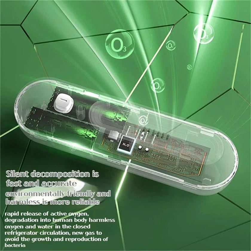Electronic ozone generator device for refrigerator odor removal with green background and text.