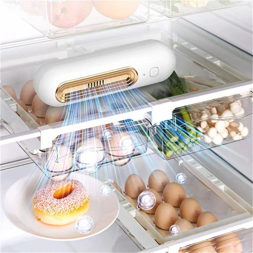 Refrigerator air purifier device in fridge with eggs, vegetables, and donut.