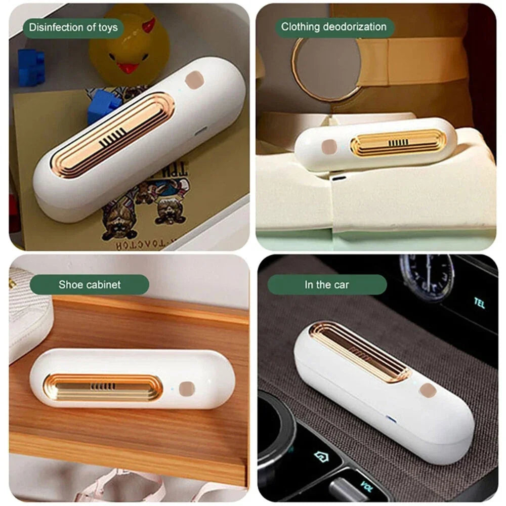 White portable air purifier for toys, clothing, shoe cabinets, and car interiors.