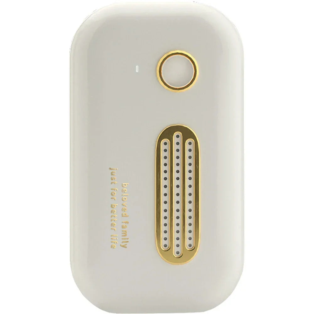 White portable air purifier with gold accents and 'beloved family just for better life' text