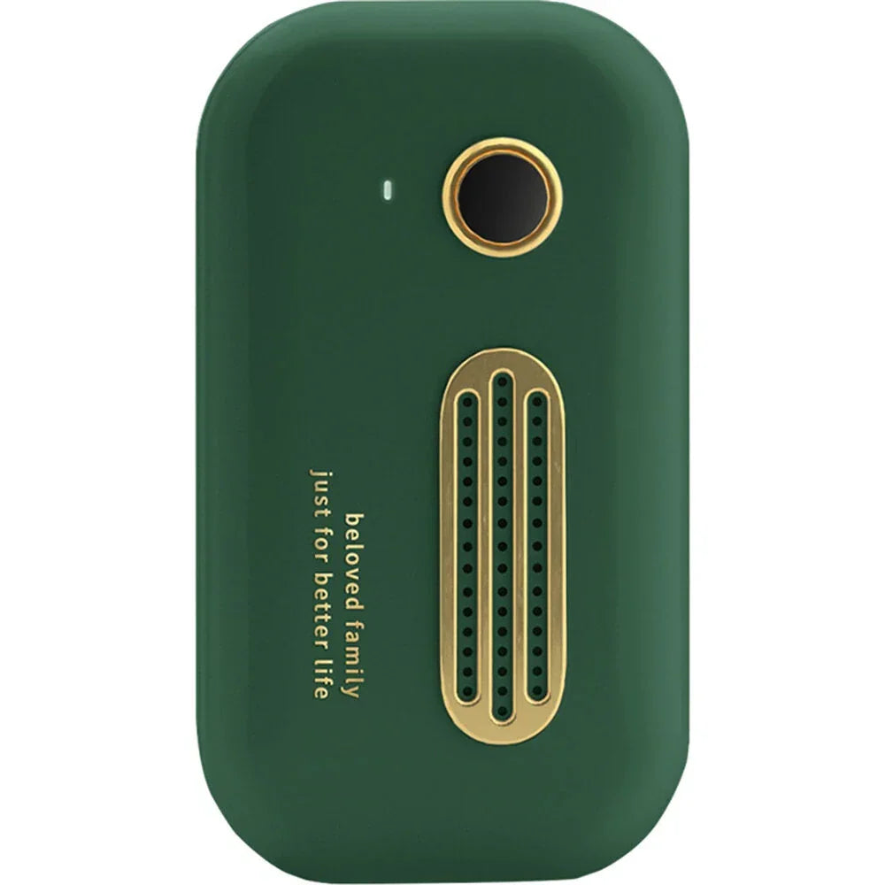 Green portable air purifier with gold accents and 'beloved family just for better life' text
