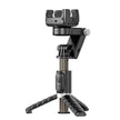 Black adjustable tripod phone holder with remote control on white background