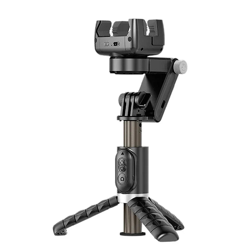 Black adjustable tripod phone holder with remote control on white background