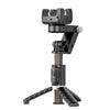 Black adjustable tripod phone holder with remote control on white background