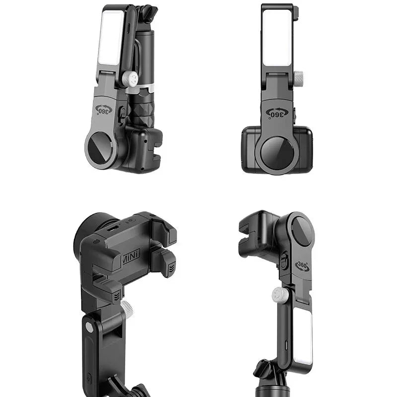 Foldable black smartphone tripod mount with 360-degree rotation, multiple angles shown