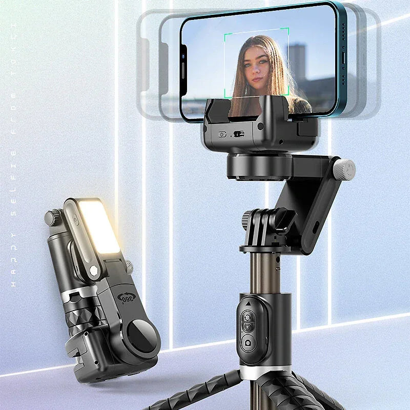 Smartphone tripod with LED light, remote control, and face tracking for selfies