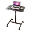 Mobile laptop desk with wheels, featuring a laptop, smartphone, and coffee cup on top