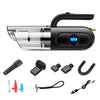 Handheld car vacuum cleaner with digital display and multiple attachments on white background